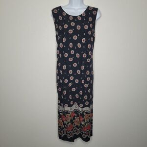 Vintage 90s black red boho flower print side slits tie back grunge dress 16